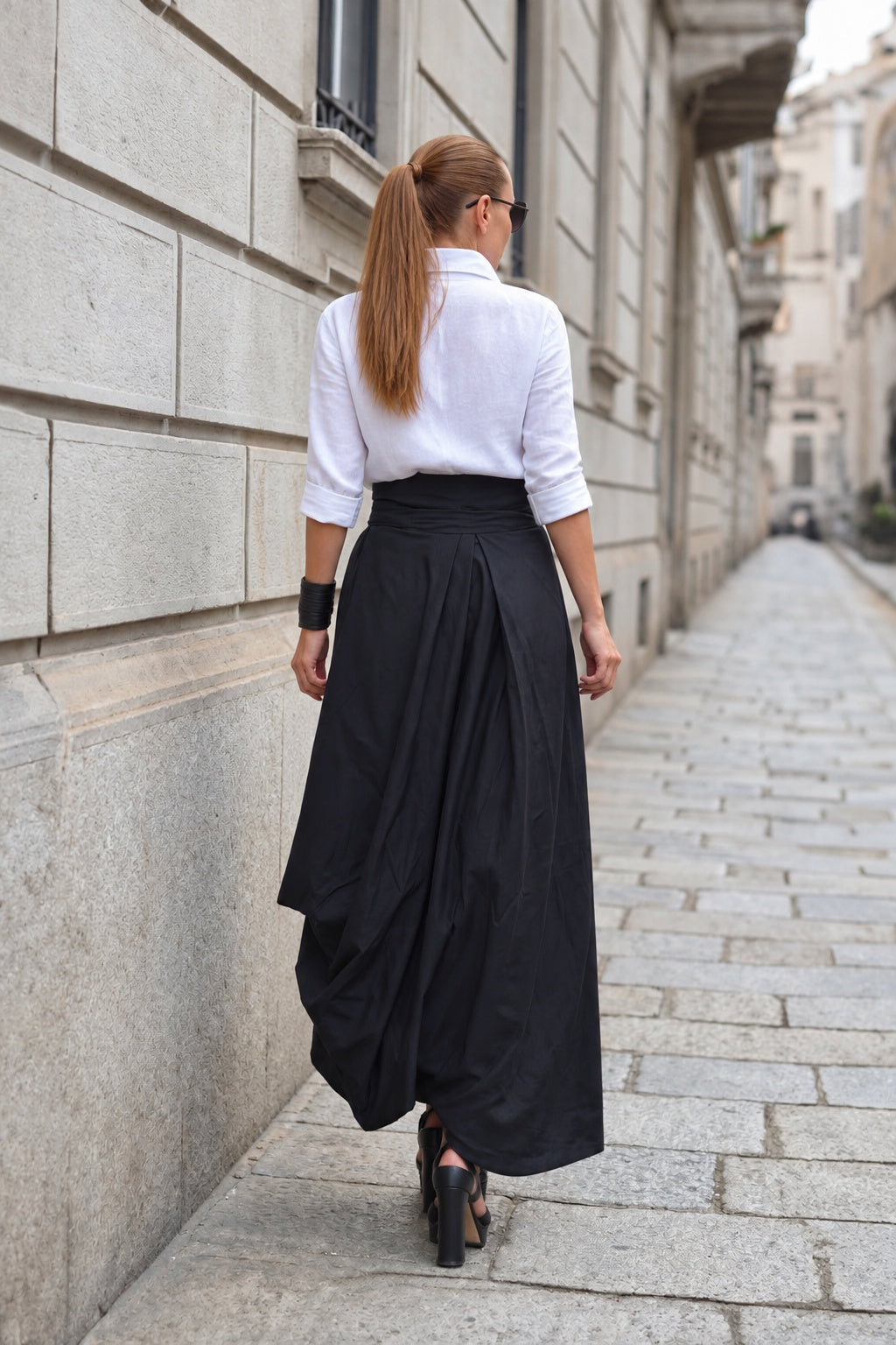 Black balloon cotton skirt Fantasy with high waist and decorative tie - EUG Fashion #black
