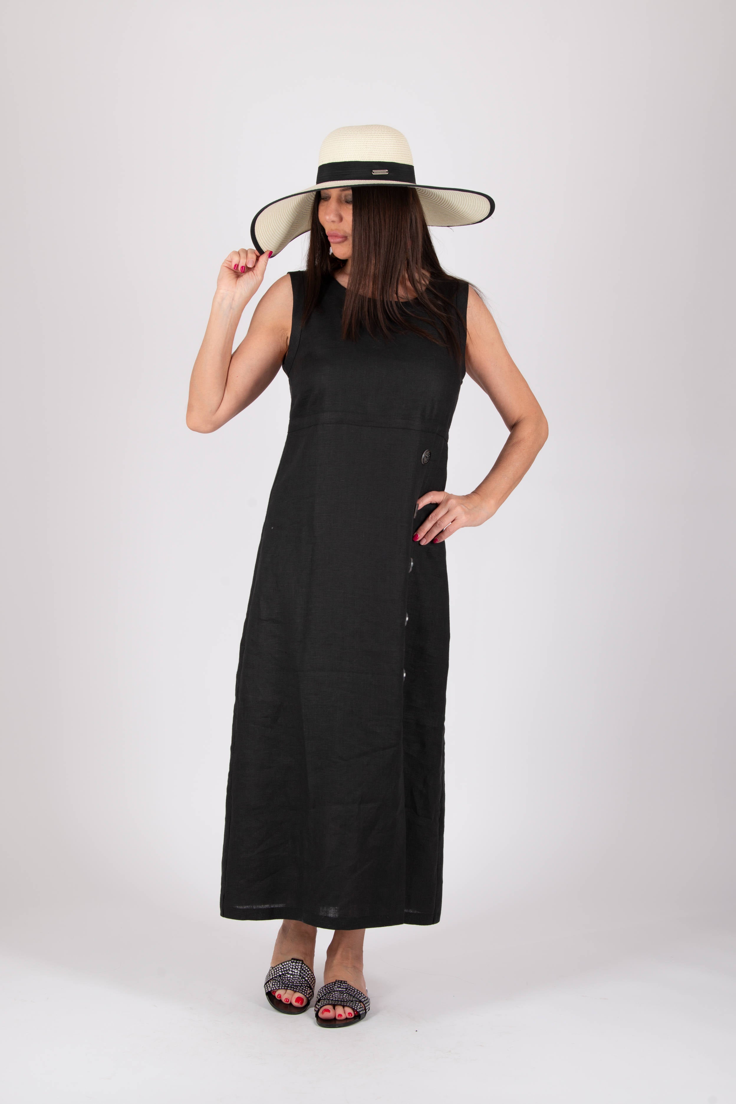 linen strate long dress - eug fashion #black