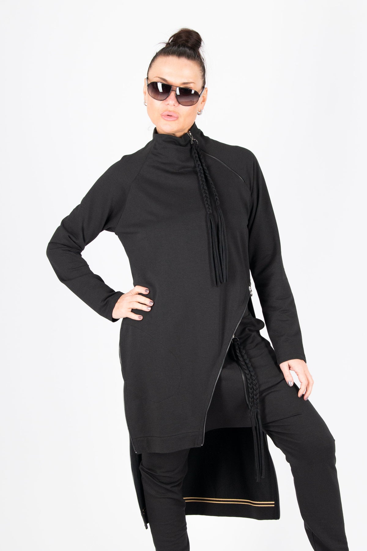 Black terry cotton sweatshirt with asymmetric zipper and high turtleneck - longline relaxed fit, Gloria | EUG Fashion #black