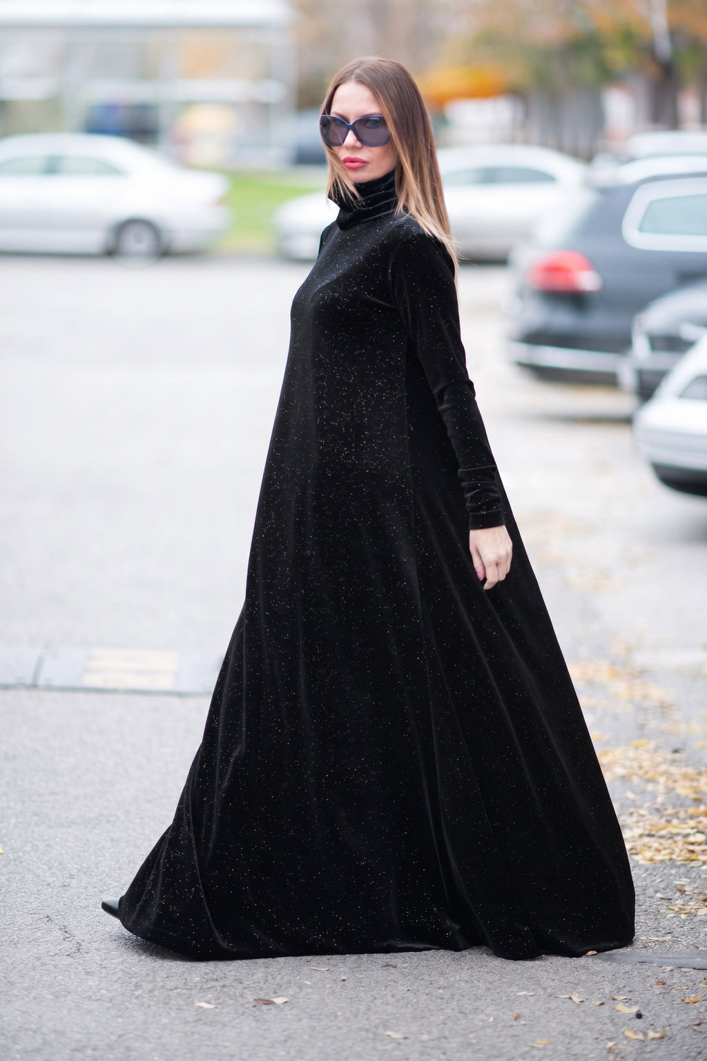 Black shimmer silk velvet A-line dress Vivian with polo neckline - EUG Fashion #black
