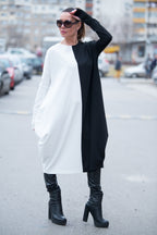Black and white two-tone punto milano barrel dress Tamara - EUG Fashion 