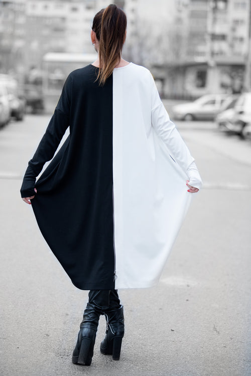 Black and white two-tone punto milano barrel dress Tamara - EUG Fashion 