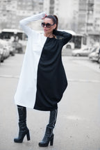 Black and white two-tone punto milano barrel dress Tamara - EUG Fashion 