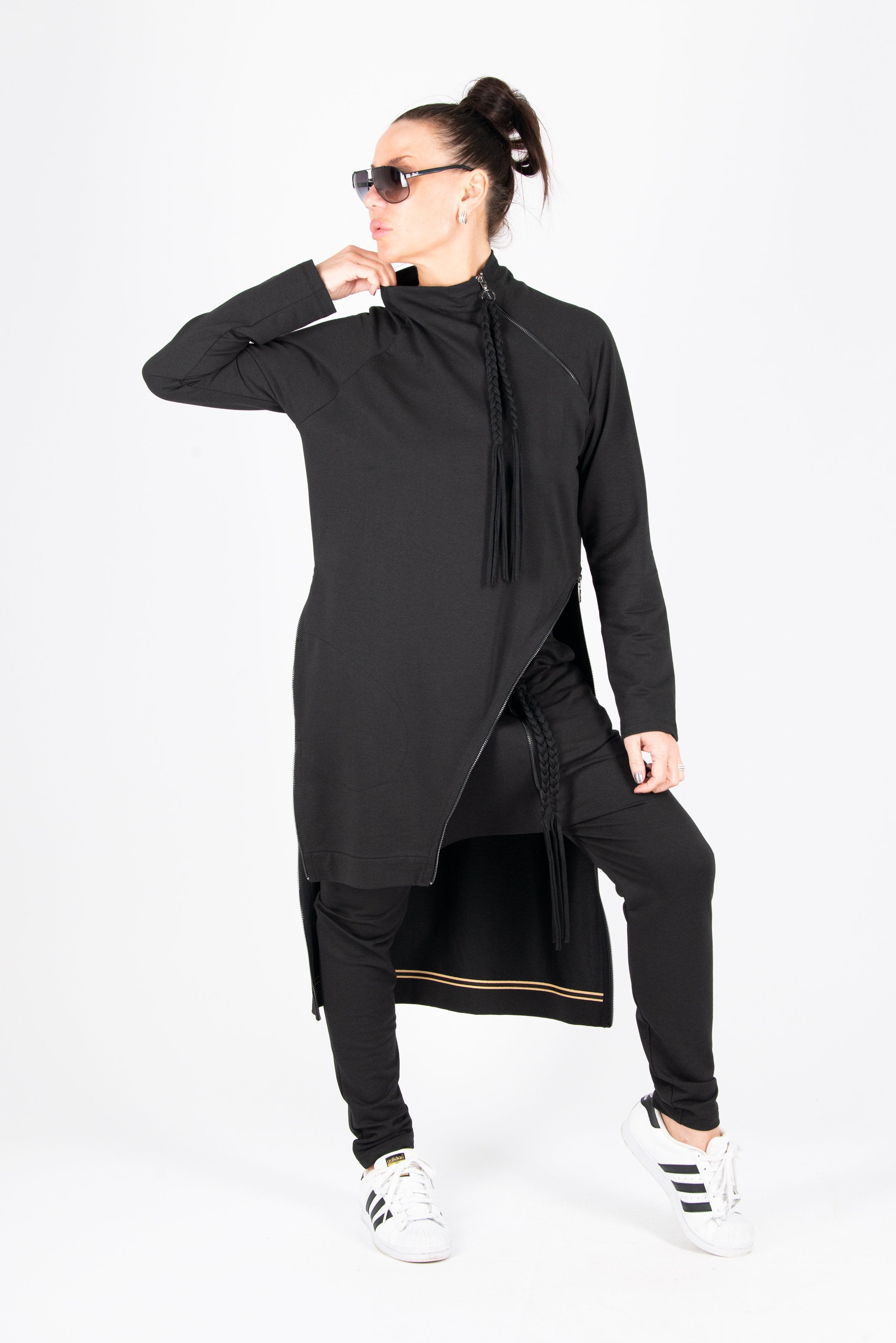 Black sweatshirt outfit with harem pants