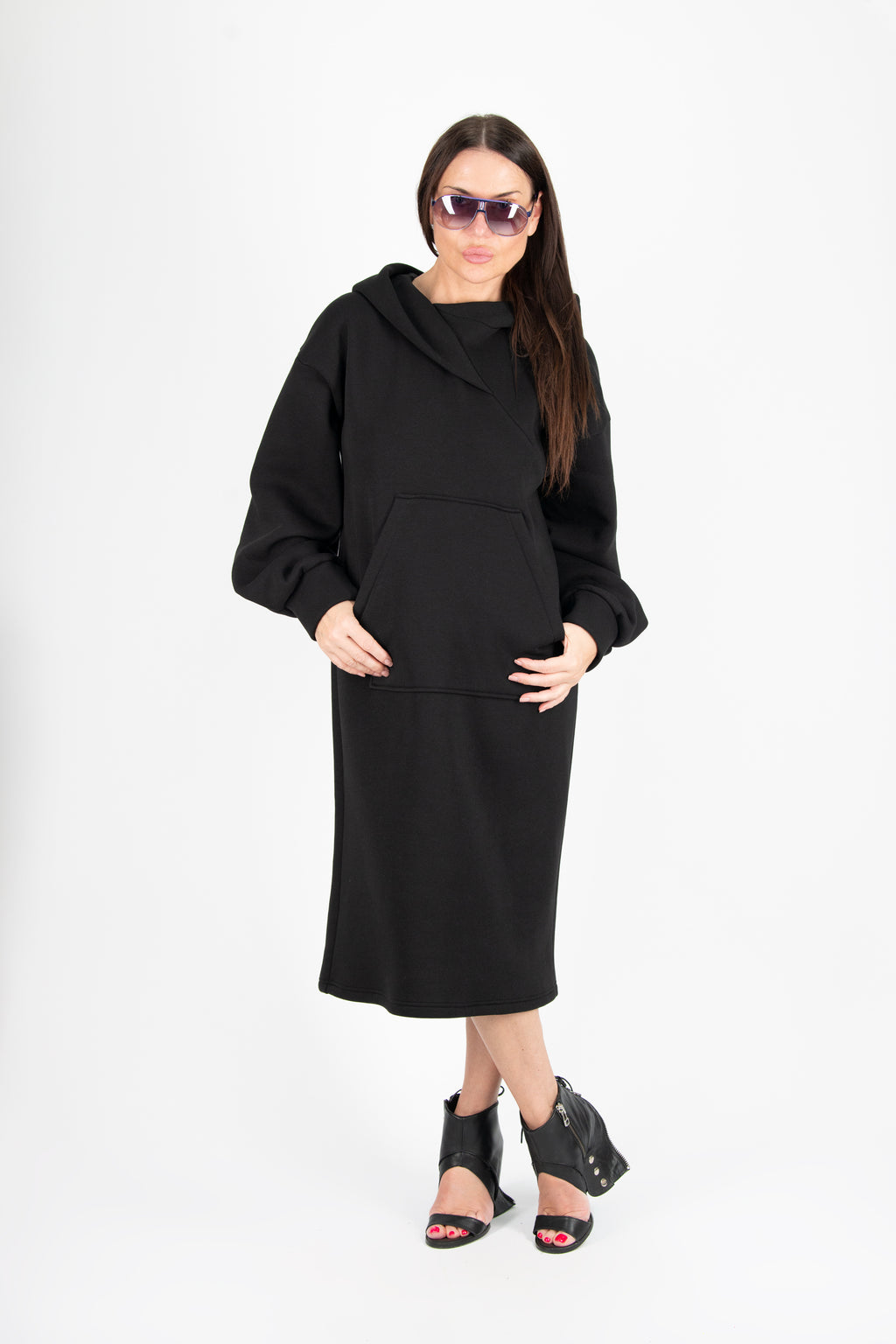 Black cotton fleece hooded long dress - relaxed silhouette, wide cuffed sleeves and kangaroo pocket, Sofia | EUG Fashion #black