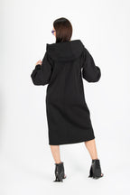 Black cotton fleece hooded long dress - relaxed silhouette, wide cuffed sleeves and kangaroo pocket, Sofia | EUG Fashion #black