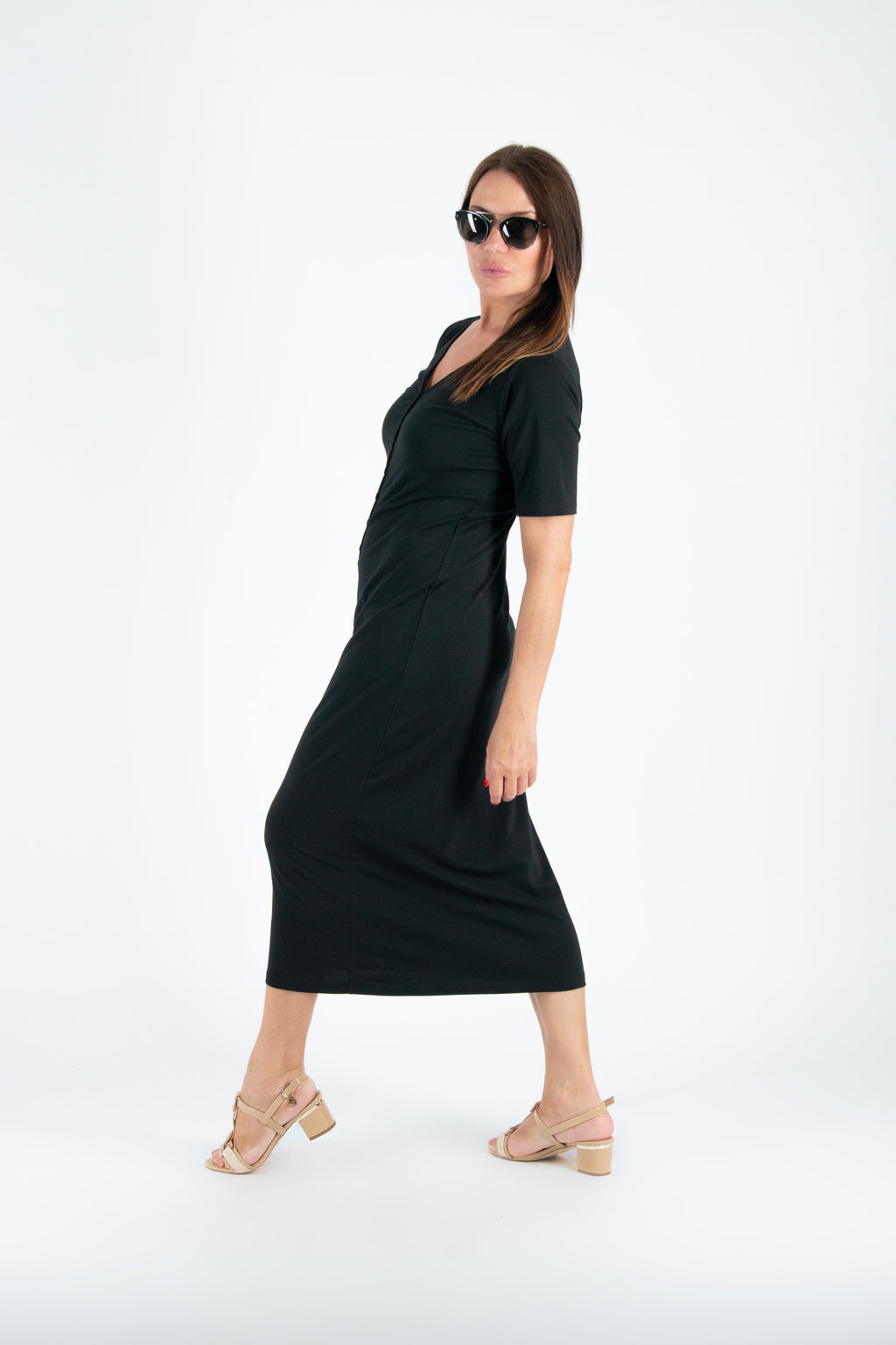 black long v neck dress #black