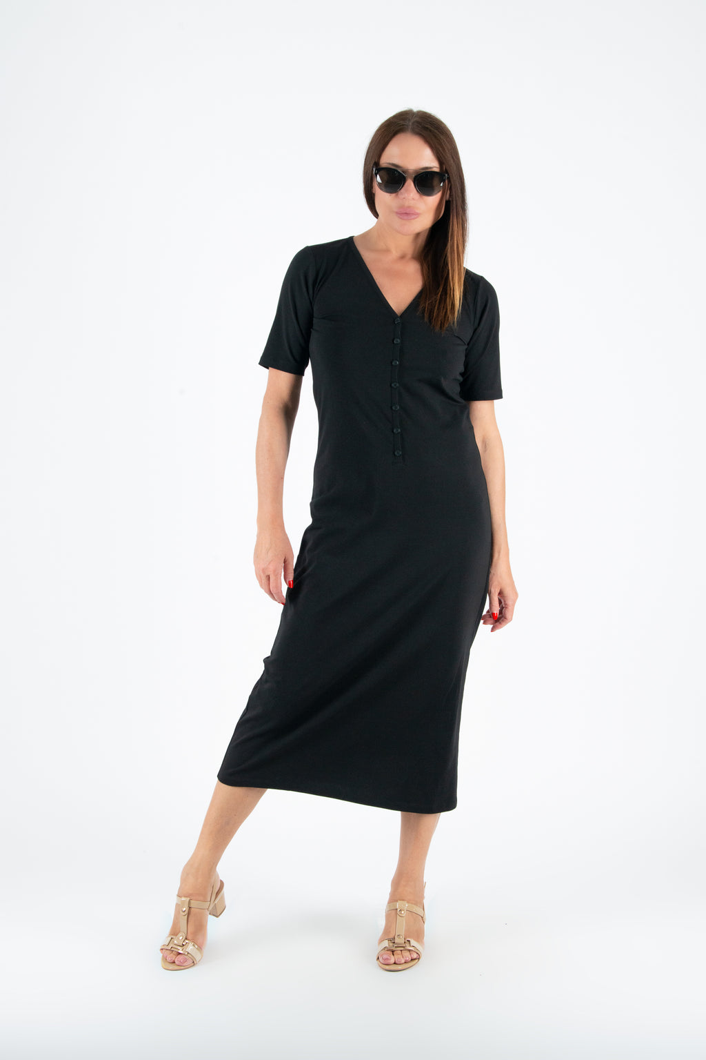 black long v neck dress #black