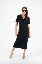 black long v neck dress #black