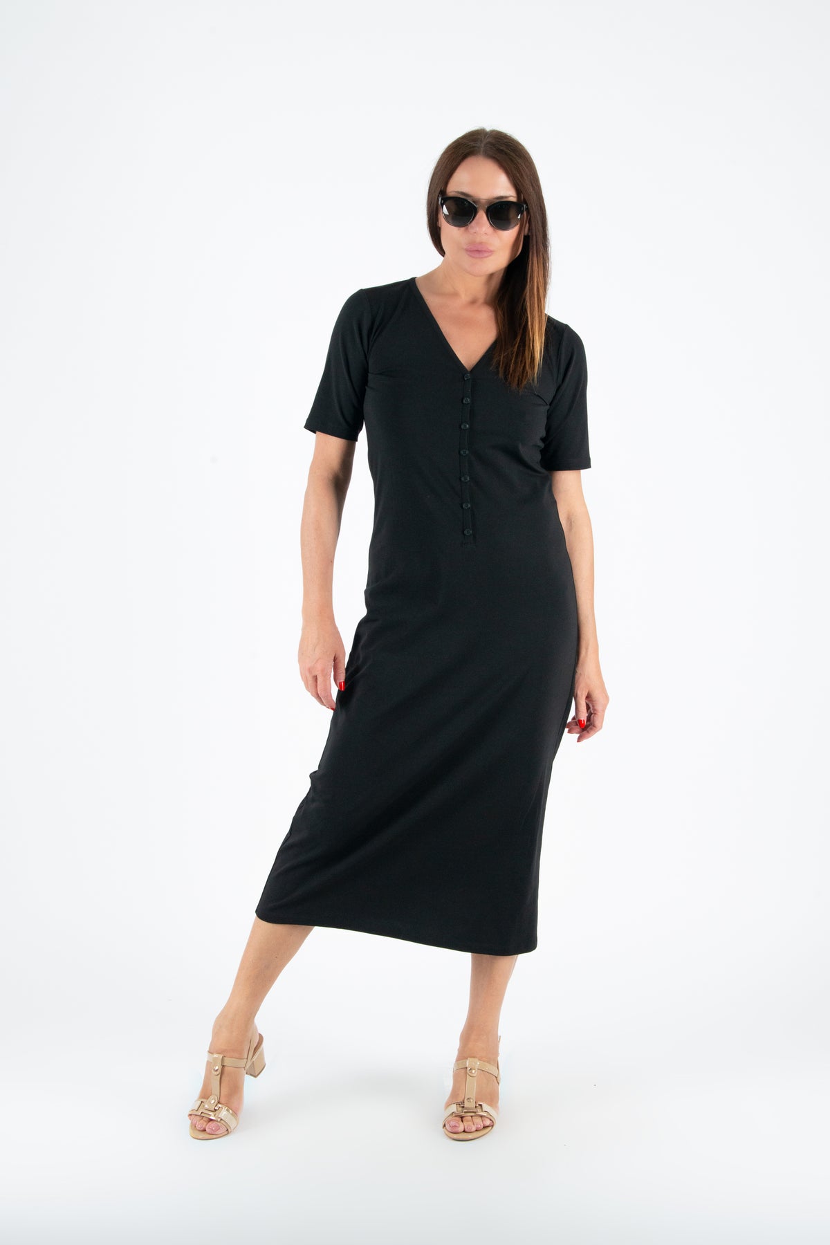 black long v neck dress #black
