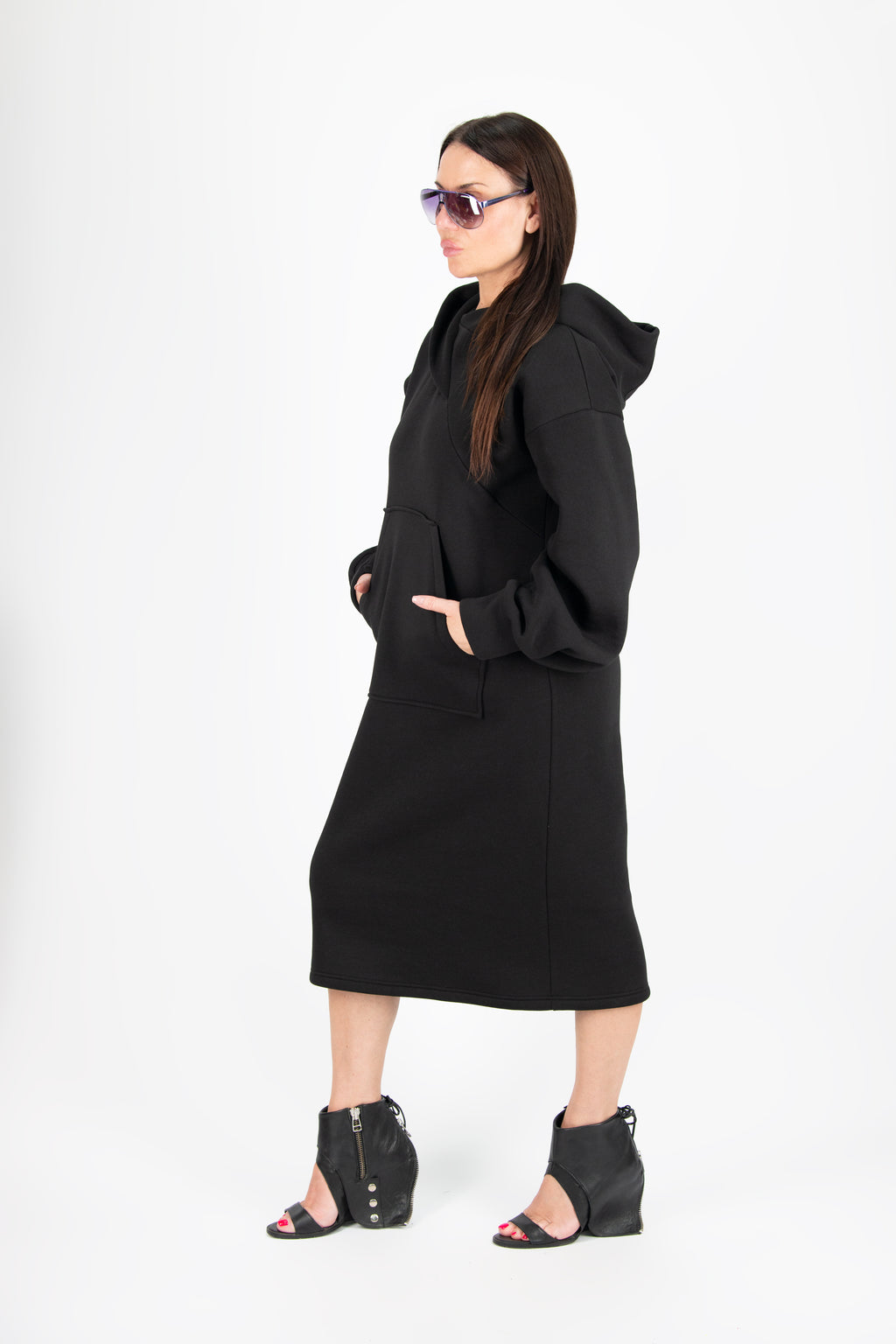 Black cotton fleece hooded long dress - relaxed silhouette, wide cuffed sleeves and kangaroo pocket, Sofia | EUG Fashion #black