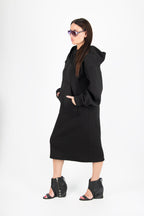 Black cotton fleece hooded long dress - relaxed silhouette, wide cuffed sleeves and kangaroo pocket, Sofia | EUG Fashion #black