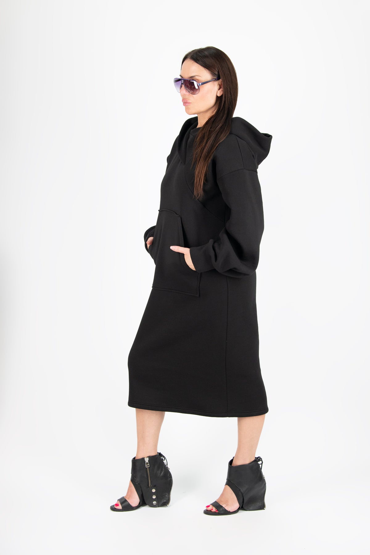 Black cotton fleece hooded long dress - relaxed silhouette, wide cuffed sleeves and kangaroo pocket, Sofia | EUG Fashion #black