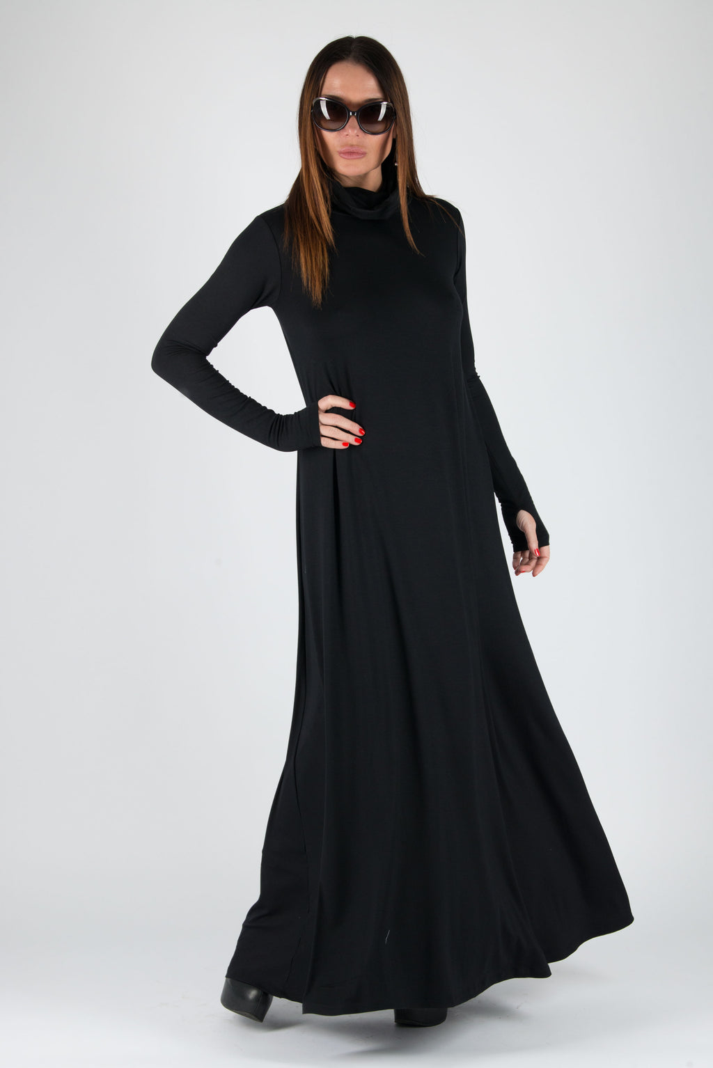 Black cotton-viscose turtleneck maxi dress Veronica with thumb holes - EUG Fashion #black
