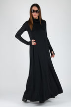 Black cotton-viscose turtleneck maxi dress Veronica with thumb holes - EUG Fashion #black
