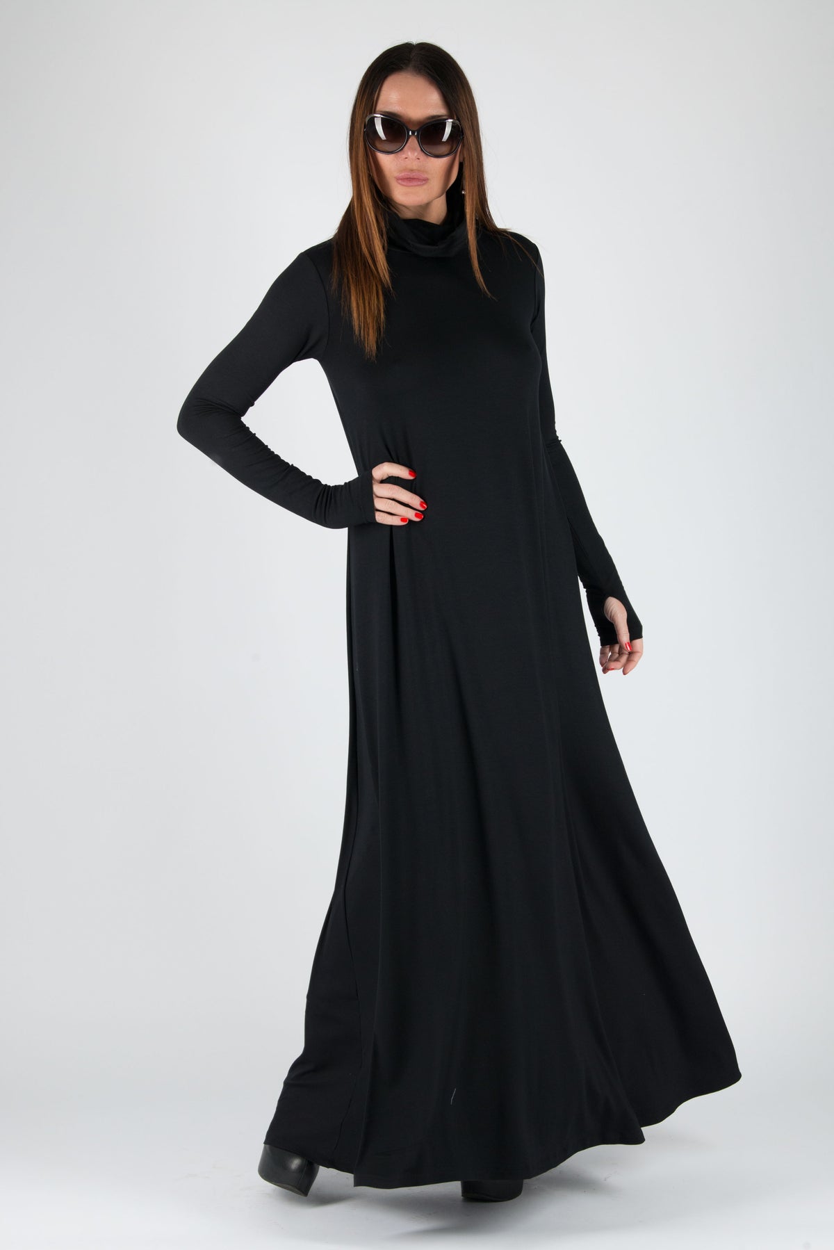 Black cotton-viscose turtleneck maxi dress Veronica with thumb holes - EUG Fashion #black
