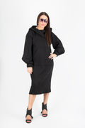 Black cotton fleece hooded long dress - relaxed silhouette, wide cuffed sleeves and kangaroo pocket, Sofia | EUG Fashion #black