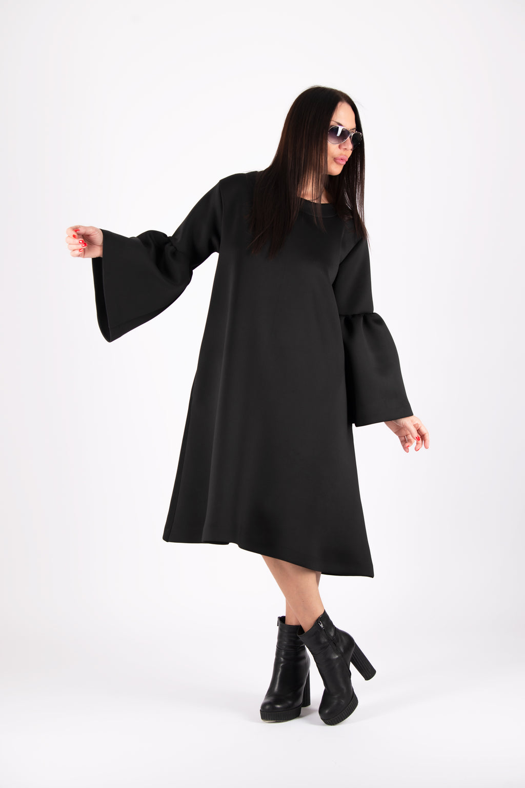 Black neoprene midi dress Sara with bell sleeve flounce and side pockets - EUG Fashion #black
