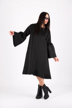 Black neoprene midi dress Sara with bell sleeve flounce and side pockets - EUG Fashion #black
