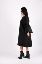 Black neoprene midi dress Sara with bell sleeve flounce and side pockets - EUG Fashion #black
