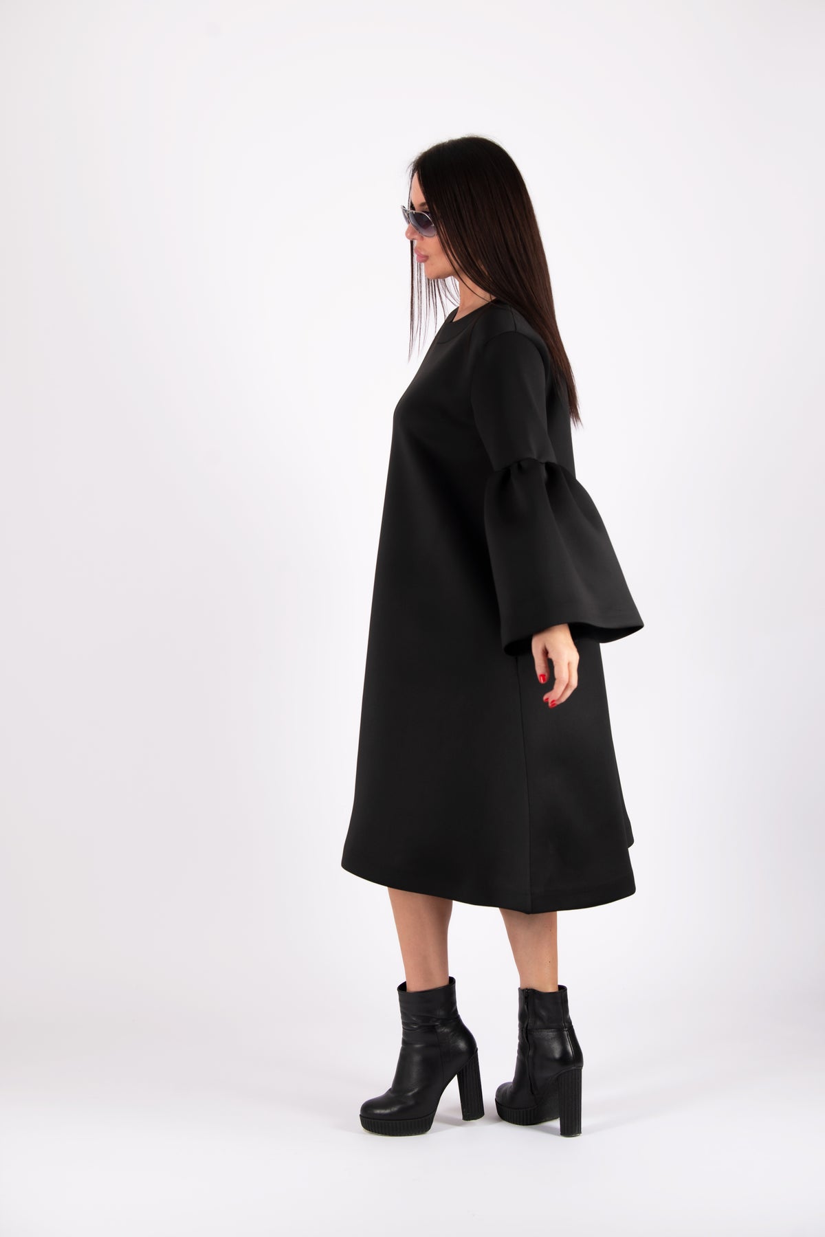 Black neoprene midi dress Sara with bell sleeve flounce and side pockets - EUG Fashion #black
