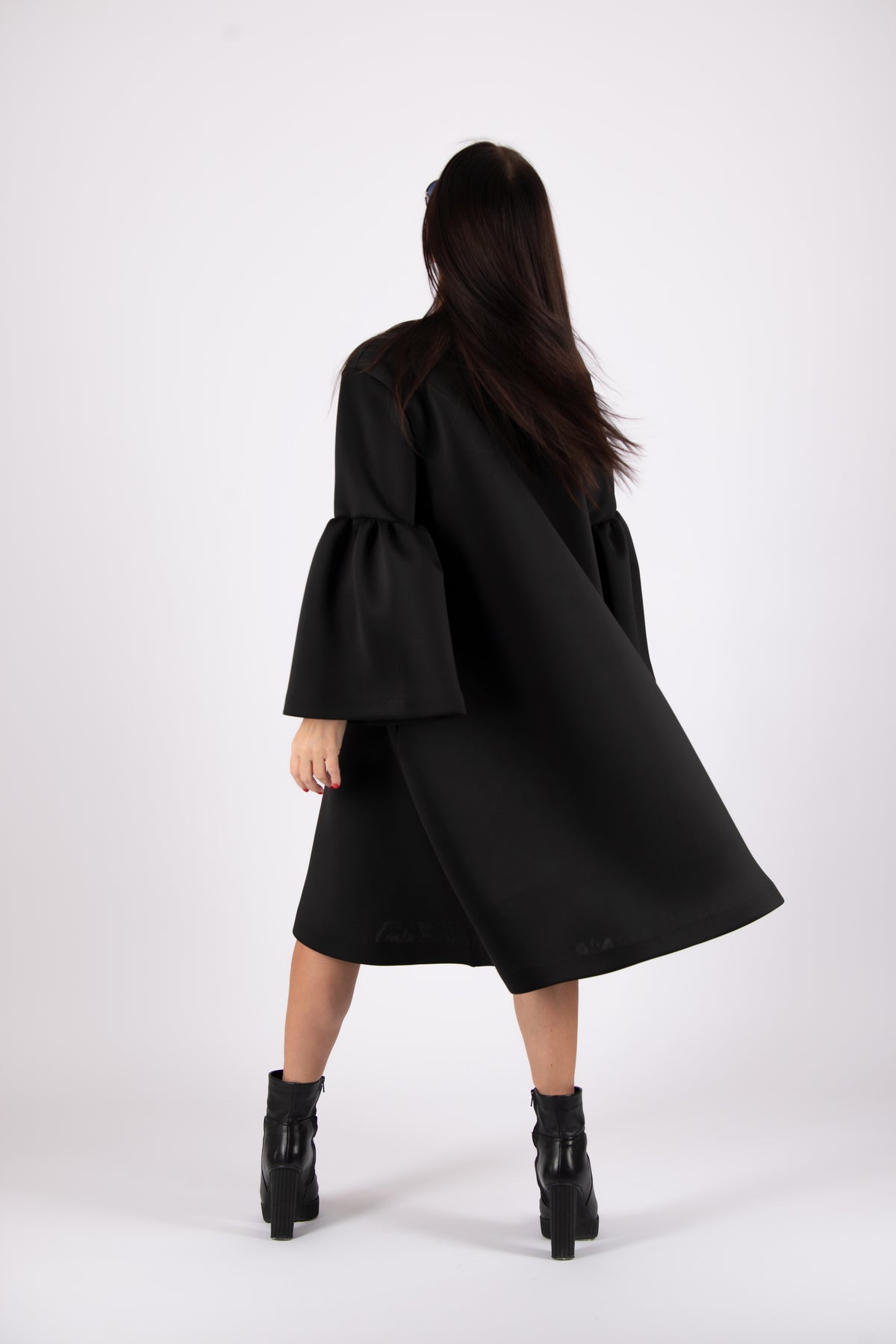 Black neoprene midi dress Sara with bell sleeve flounce and side pockets - EUG Fashion #black
