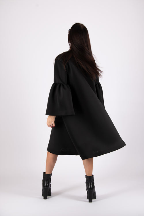 Black neoprene midi dress Sara with bell sleeve flounce and side pockets - EUG Fashion #black
