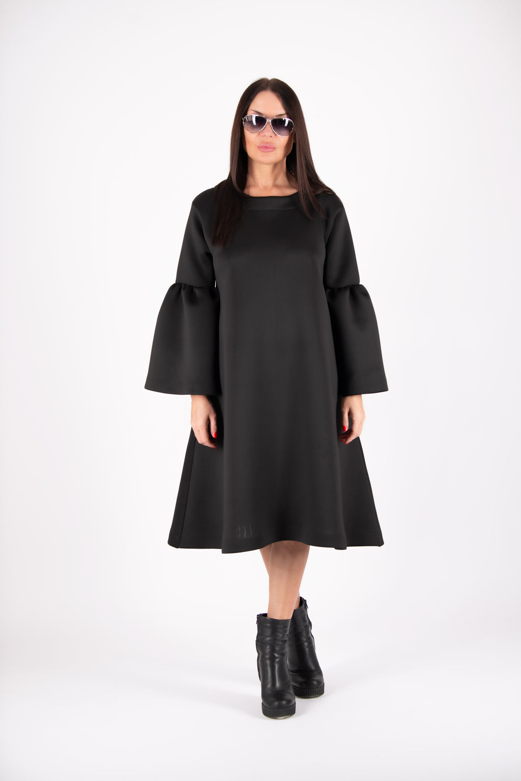 Black neoprene midi dress Sara with bell sleeve flounce and side pockets - EUG Fashion #black

