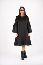 Black neoprene midi dress Sara with bell sleeve flounce and side pockets - EUG Fashion #black
