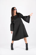 Black neoprene midi dress Sara with bell sleeve flounce and side pockets - EUG Fashion #black
