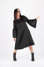 Black neoprene midi dress Sara with bell sleeve flounce and side pockets - EUG Fashion #black
