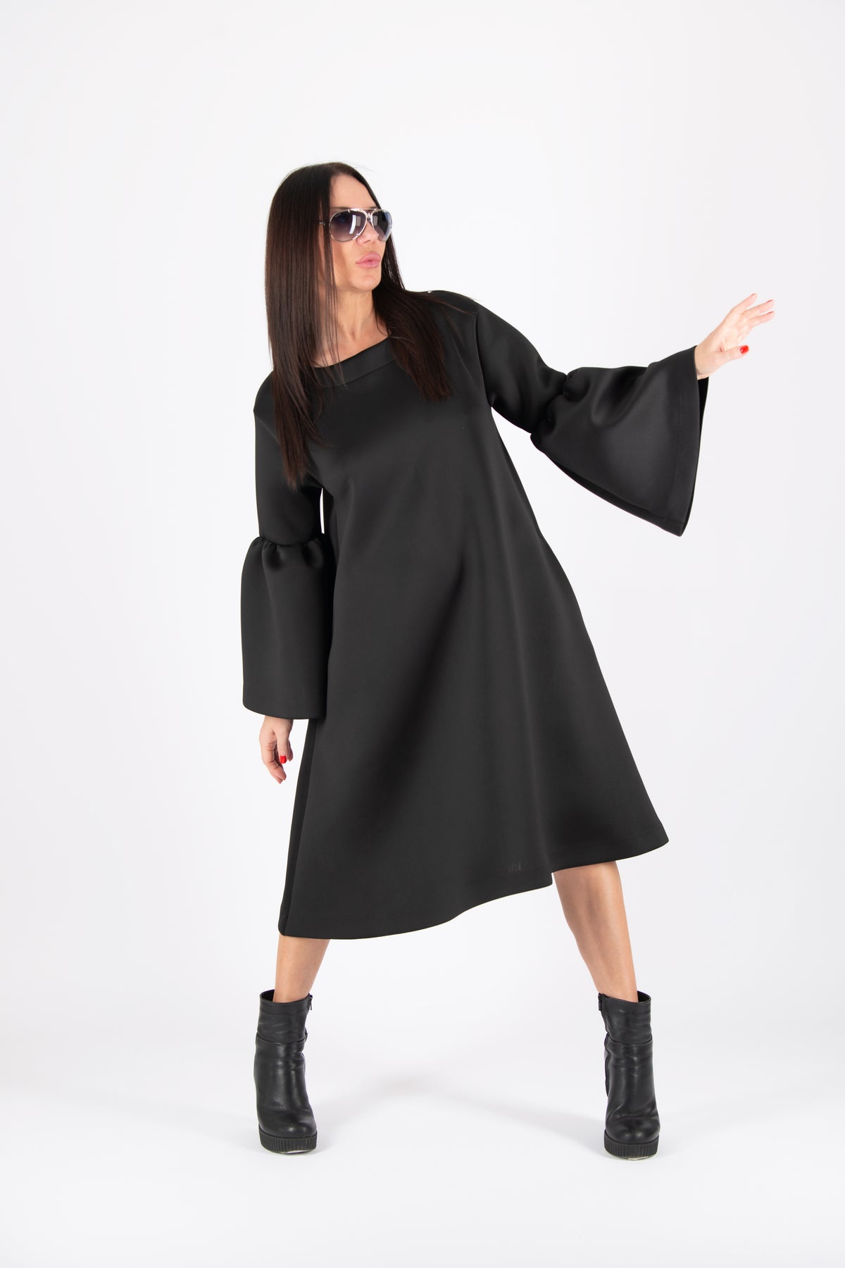 Black neoprene midi dress Sara with bell sleeve flounce and side pockets - EUG Fashion #black
