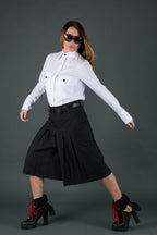 Black wide-leg pants - below-knee length, deep front pleats, dense cotton, Colo | EUG Fashion #black⠋