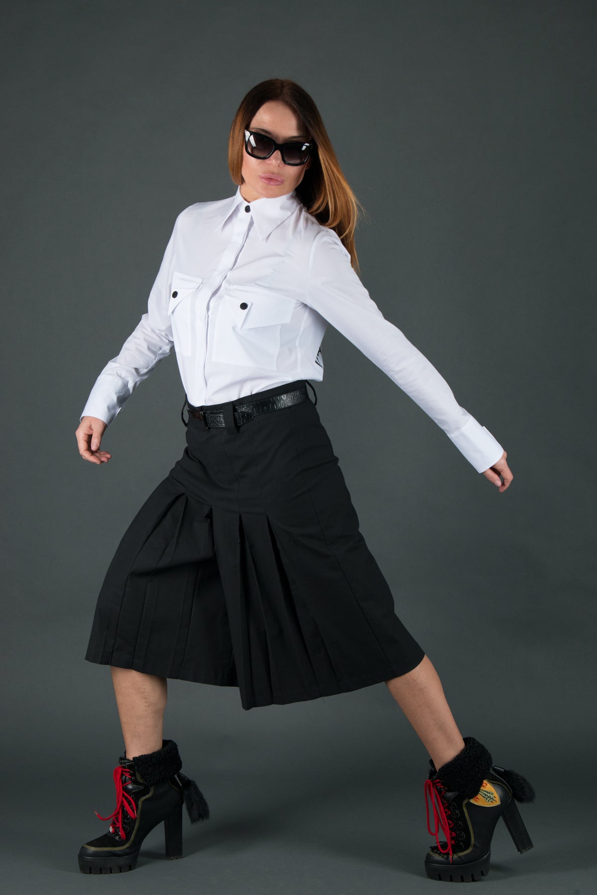 Black wide-leg pants - below-knee length, deep front pleats, dense cotton, Colo | EUG Fashion #black⠋
