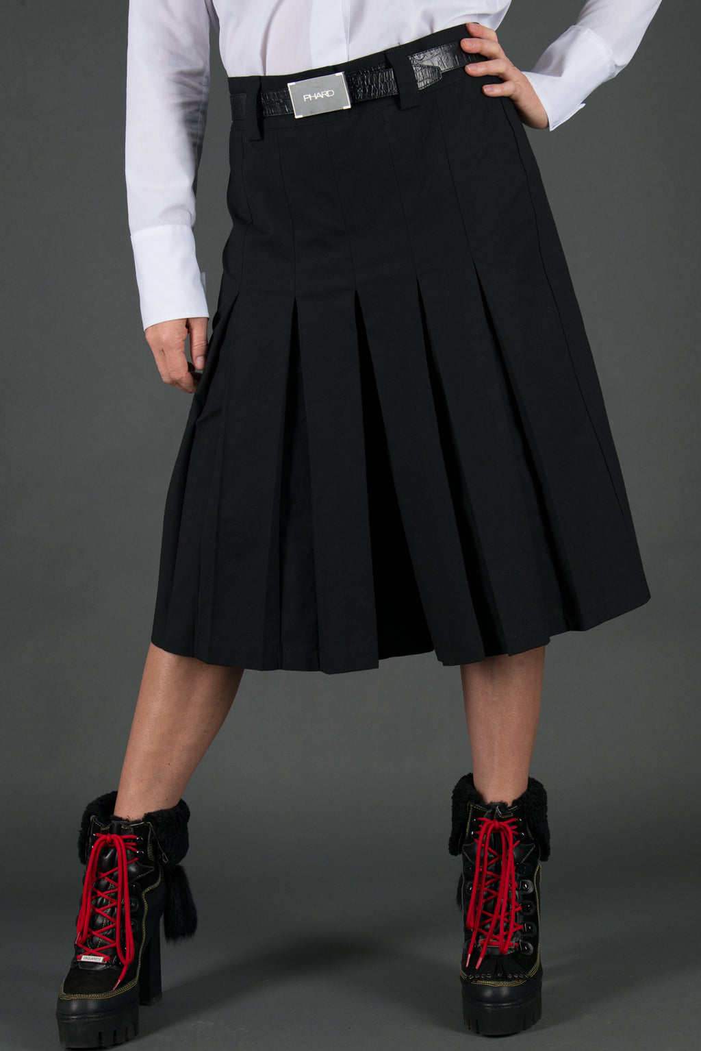 Black wide-leg pants - below-knee length, deep front pleats, dense cotton, Colo | EUG Fashion #black⠋