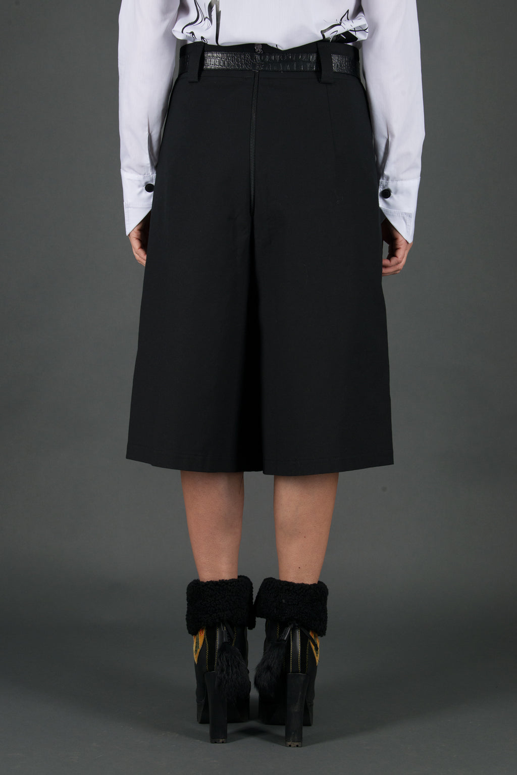 Black wide-leg pants - below-knee length, deep front pleats, dense cotton, Colo | EUG Fashion #black⠋