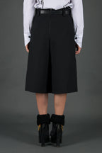 Black wide-leg pants - below-knee length, deep front pleats, dense cotton, Colo | EUG Fashion #black⠋