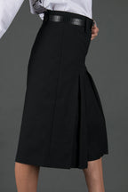 Black wide-leg pants - below-knee length, deep front pleats, dense cotton, Colo | EUG Fashion #black⠋