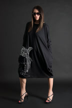 Black punto milano parrot print barrel dress Tamara - EUG Fashion #black
