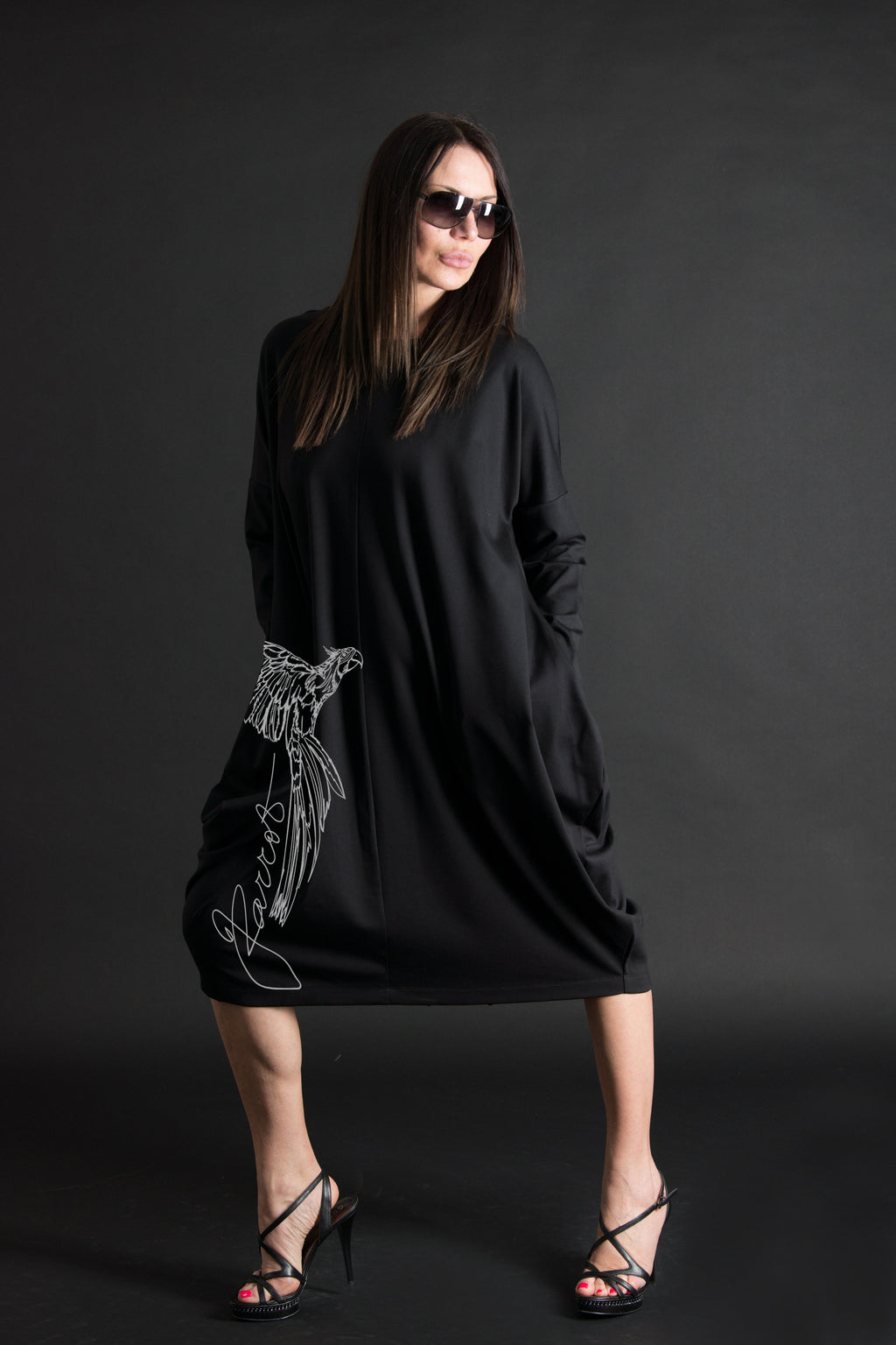 Black punto milano parrot print barrel dress Tamara - EUG Fashion #black
