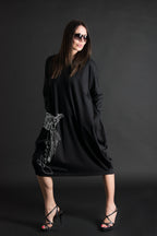Black punto milano parrot print barrel dress Tamara - EUG Fashion #black
