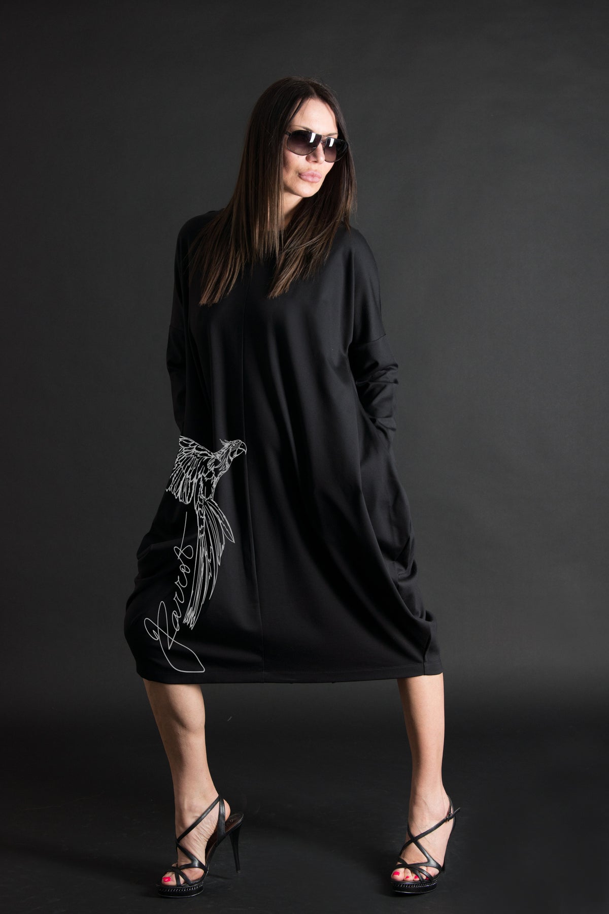 Black punto milano parrot print barrel dress Tamara - EUG Fashion #black
