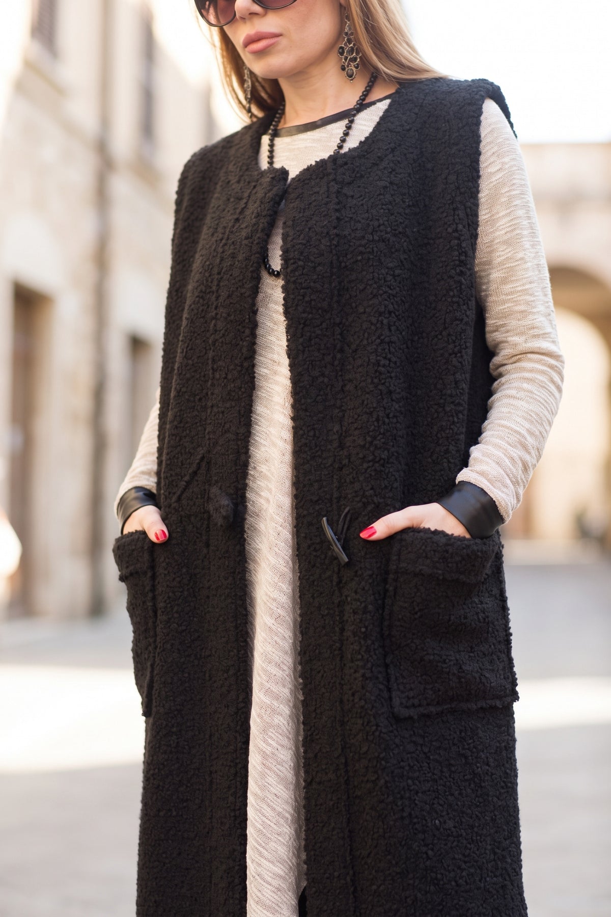 Black long sleeveless wool-feel vest with single-button closure - warm layering piece, Irene | EUG Fashion #black
