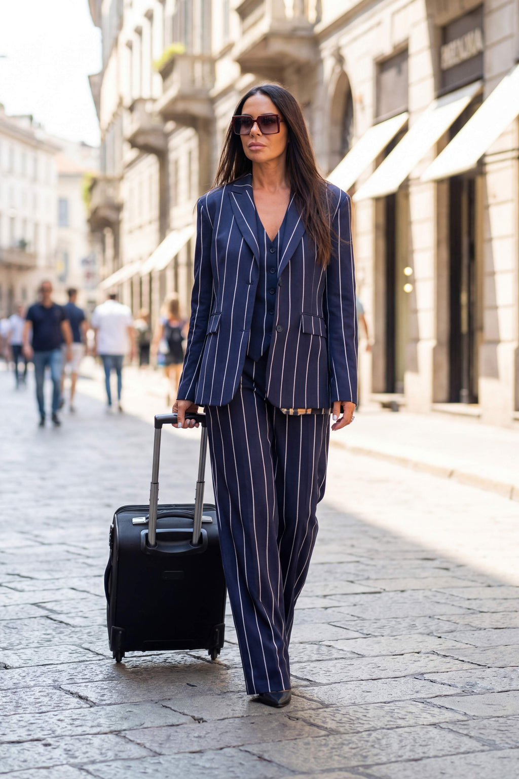 Woman in a striped suit walking down a city street with a suitcase.