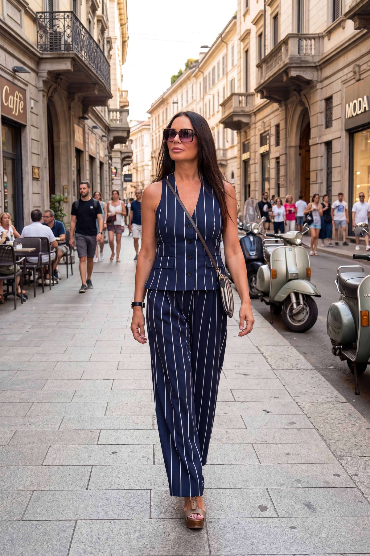 A woman walks down a city street wearing a navy blue sleeveless jumpsuit with thin white vertical stripes, styled with brown platform sandals, sunglasses, and a small shoulder bag.