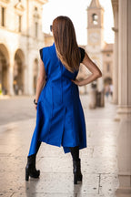 Royal blue cashmere-feel extravagant vest with asymmetric tie details and shawl collar, Victoria | EUG Fashion #royal-blue
