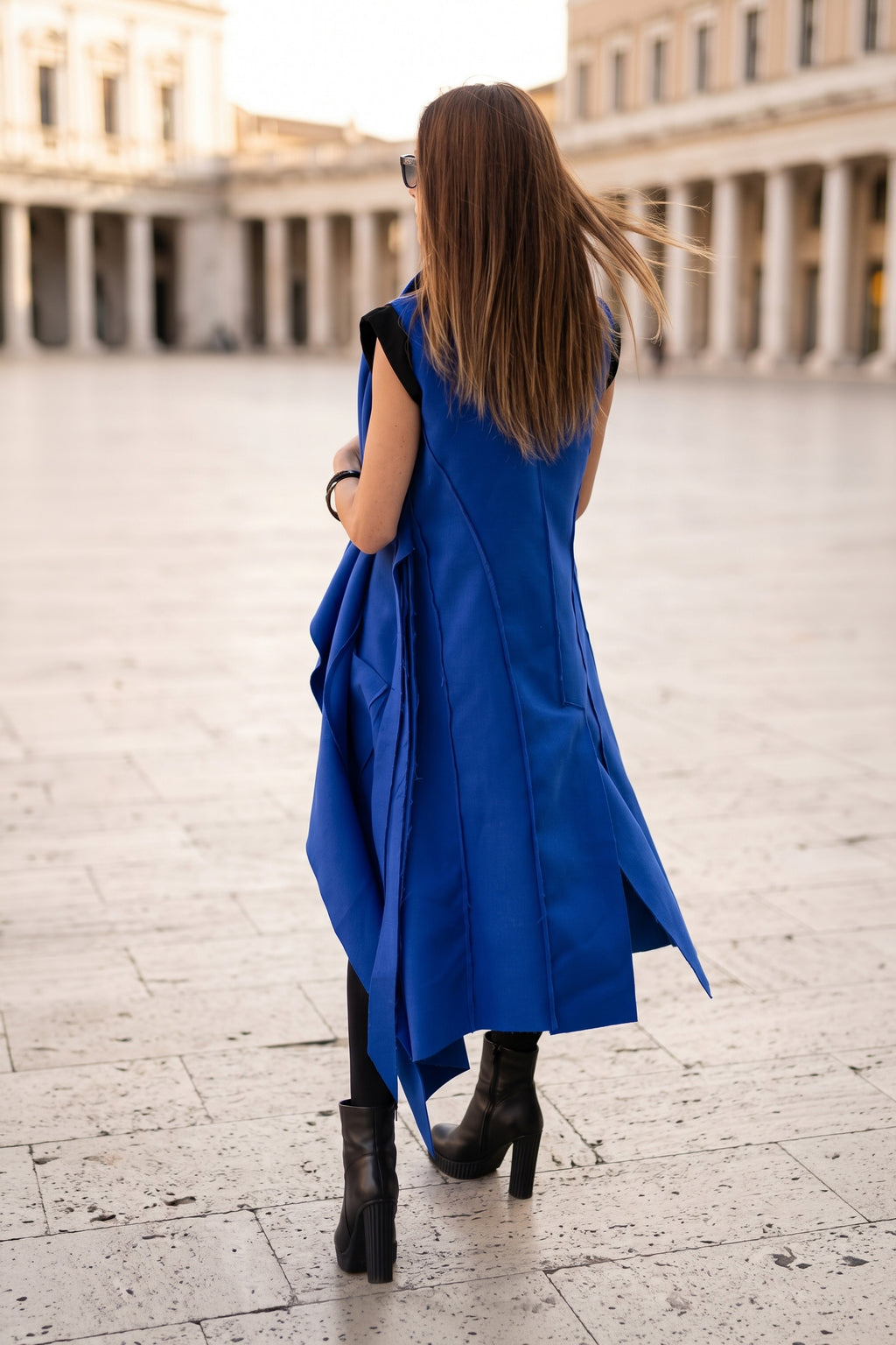 Royal blue cashmere-feel extravagant vest with asymmetric tie details and shawl collar, Victoria | EUG Fashion #royal-blue
