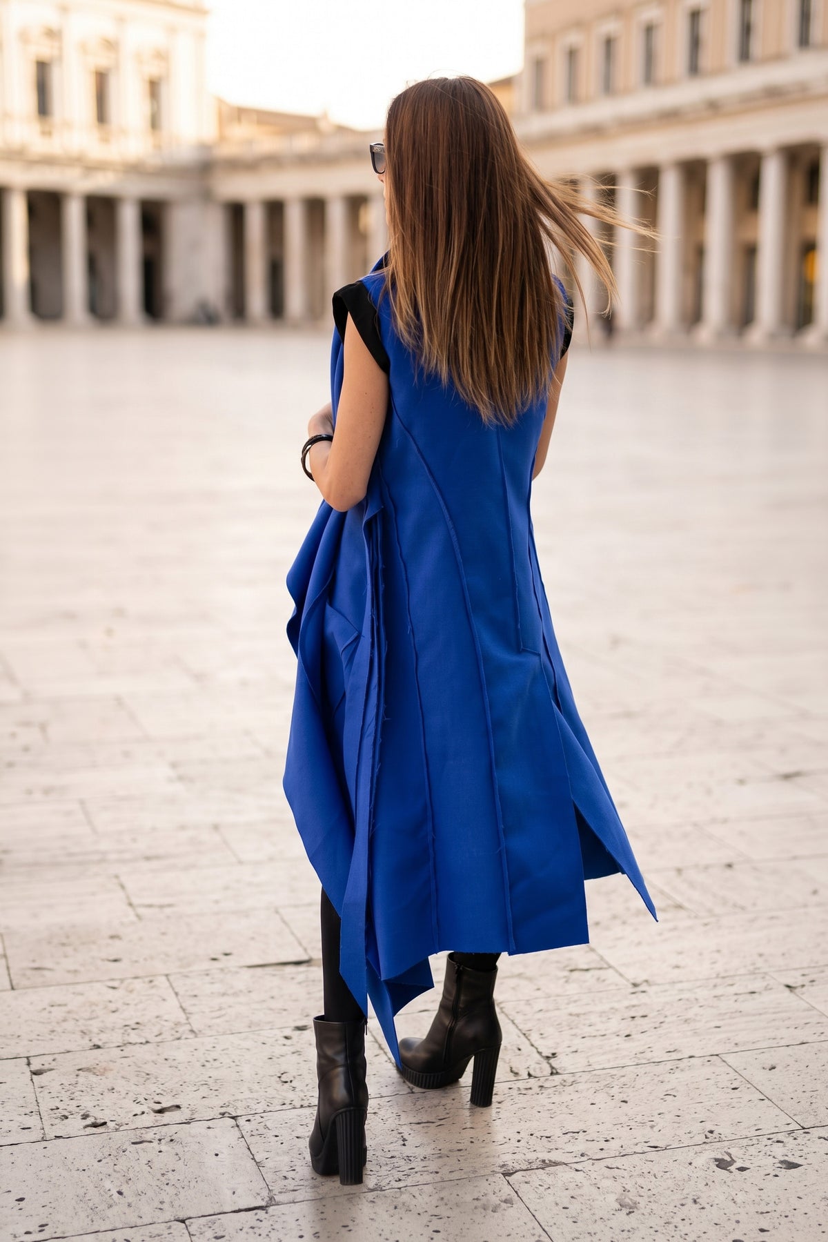 Royal blue cashmere-feel extravagant vest with asymmetric tie details and shawl collar, Victoria | EUG Fashion #royal-blue
