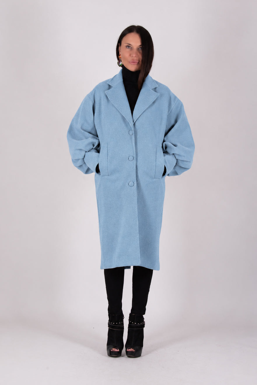 Light blue cashmere-feel coat with puff sleeves and lapel collar - button closure, lined side pockets, Pasha | EUG Fashion #light-blue
