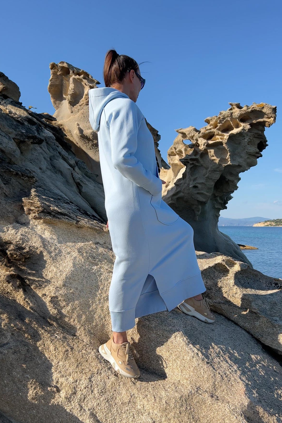 Light Blue cotton fleece hooded dress - loose long silhouette, kangaroo pocket and two side slits, Suzana | EUG Fashion #light-blue